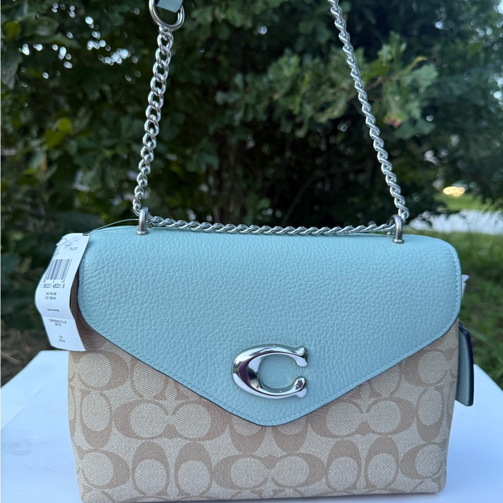 Coach Light Blue and Tan Signature Shoulder Bag